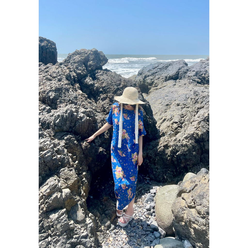 Đầm Evie _ Eugene Linen Xanh hoa