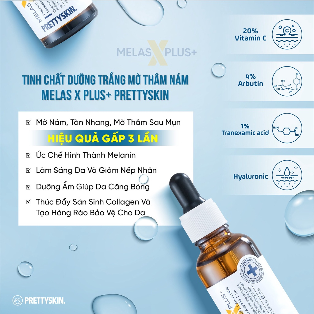 Tinh chất dưỡng trắng mờ thâm nám PRETTY SKIN melas x plus vitamin c 20% arbutin 4% 30ml