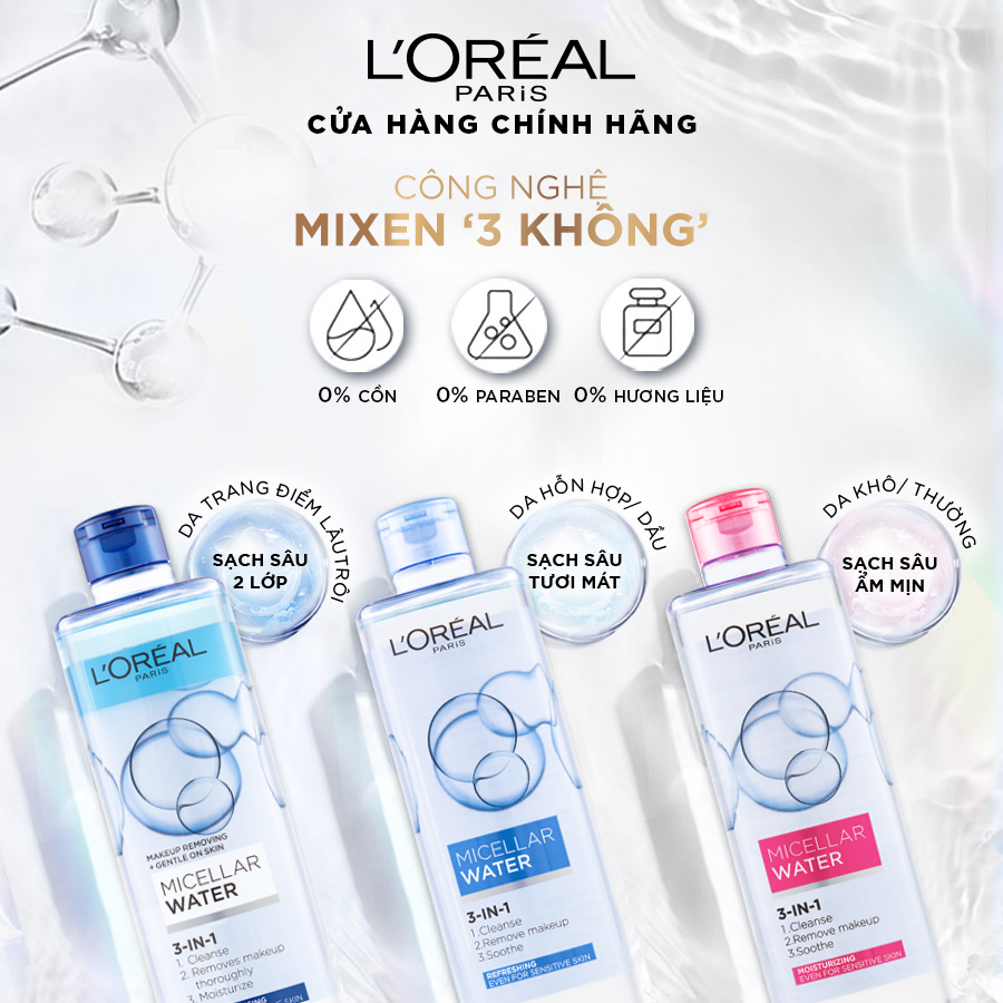 Bộ 2 nước tẩy trang đa năng 3in1 tươi mát L'Oreal Paris (xanh dương nhạt) 400ml