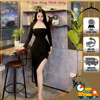 Đầm Body Dự Tiệc Michiha Fashion - Đầm Ôm Body Dự Tiệc Cổ Vuông Dài Tay Xẻ Tà Màu Đen