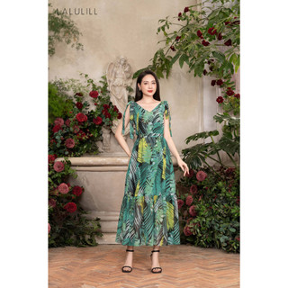 Đầm maxi 2 lớp LALULILL chất liệu voan tơ buộc nơ vai xanh lá LDL2265602