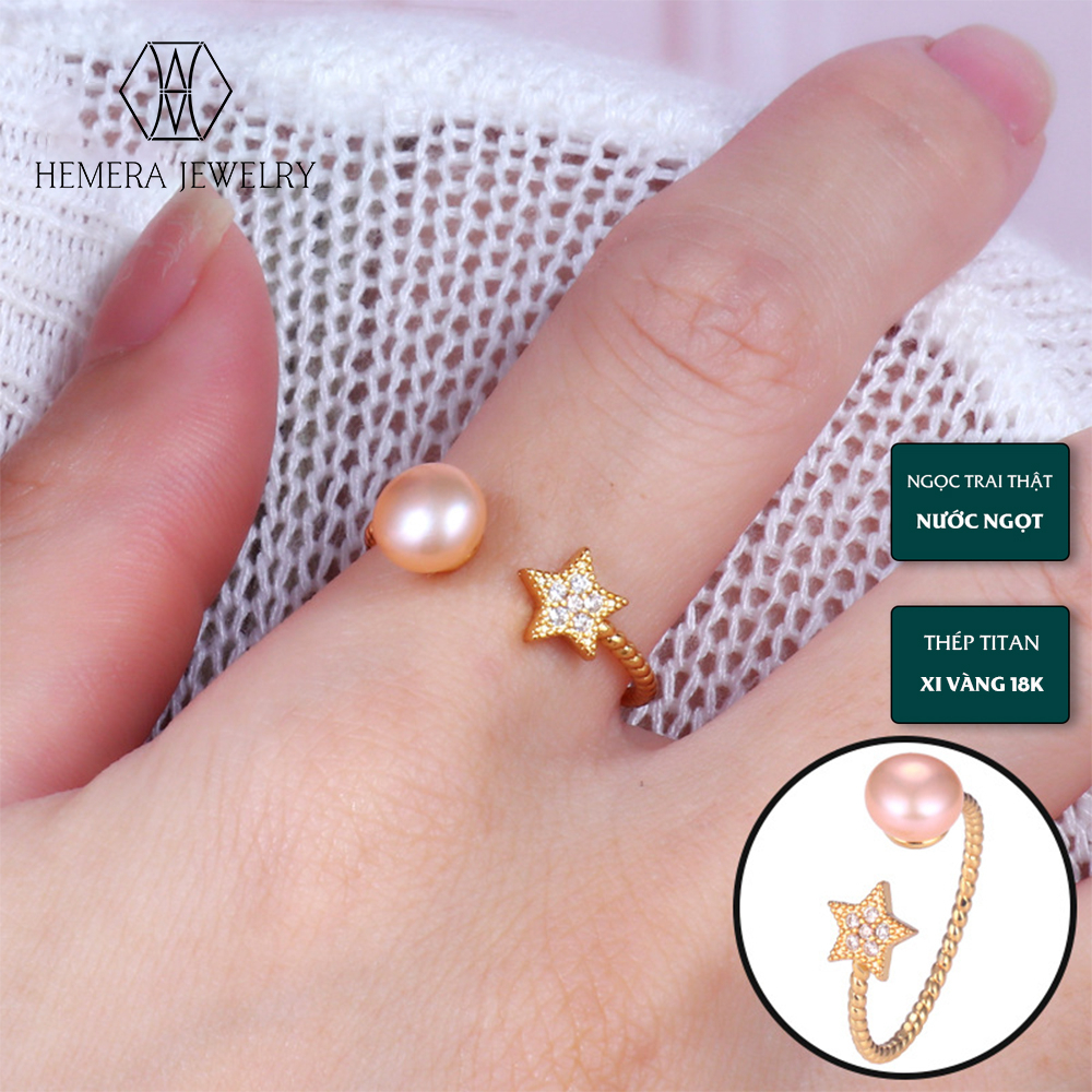 Nhẫn nữ Hemera hạt trai nuôi nước ngọt chuôi thép xi vàng giữ màu hình vương miện HMR58