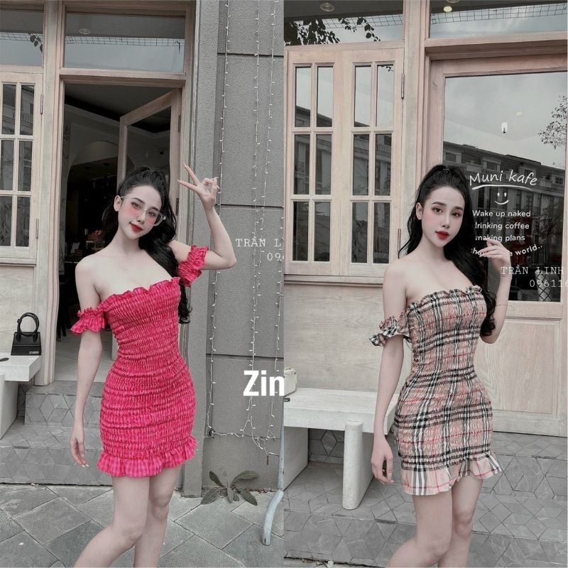 Đầm Tay Ngắn Trễ Vai Nhún Thân Họa Tiết Kẻ Ô Caro/ Sọc BBR - Dáng Ngắn Ôm Body Sexy - Tiểu Thư Bánh Bèo Cute Sang Chảnh