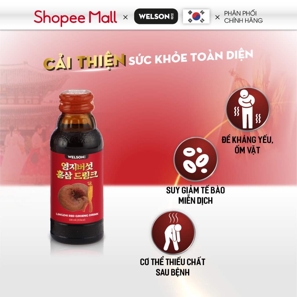 Nước uống linh chi hồng sâm Welson Lingzhi Red Gingseng Hộp 4 chai x 100ml