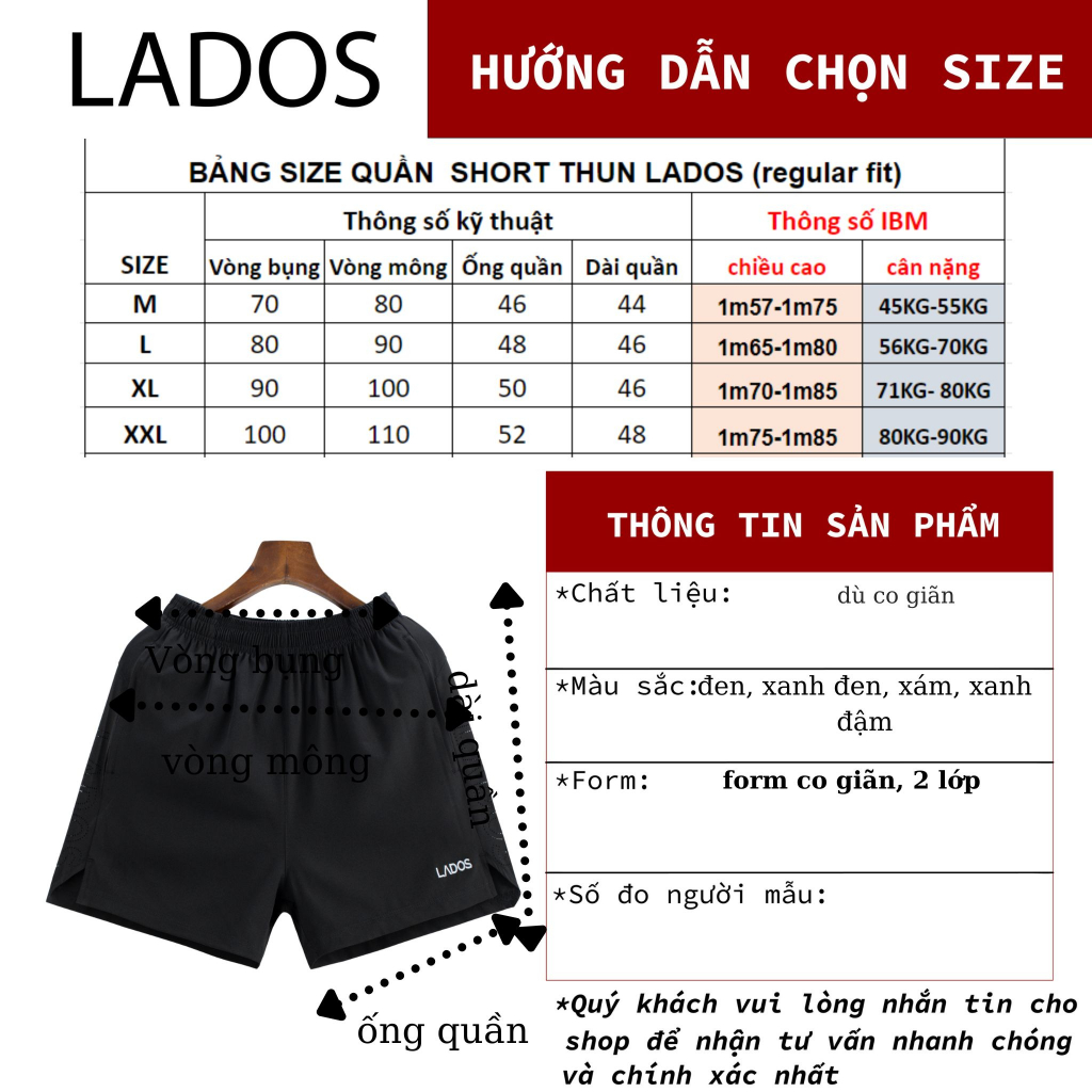 Quần short đùi thể thao nam 2 lớp thời trang Lados-34089 dù co giãn, thấm hút, có túi kéo, tập gym, chạy bộ