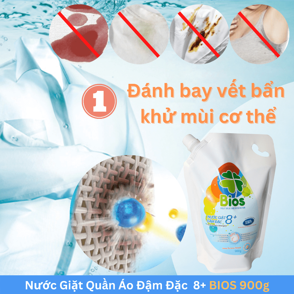 Nước Giặt Quần Áo Siêu Sạch, Thơm Lâu, Mềm Vải, Giữ Màu BIOS Đậm Đặc 8+ Hương Pureness Incense Túi 900g