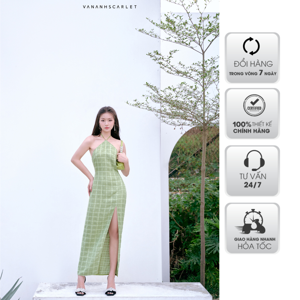 Đầm nữ VANANHSCARLET cổ yếm xẻ tà V020S23