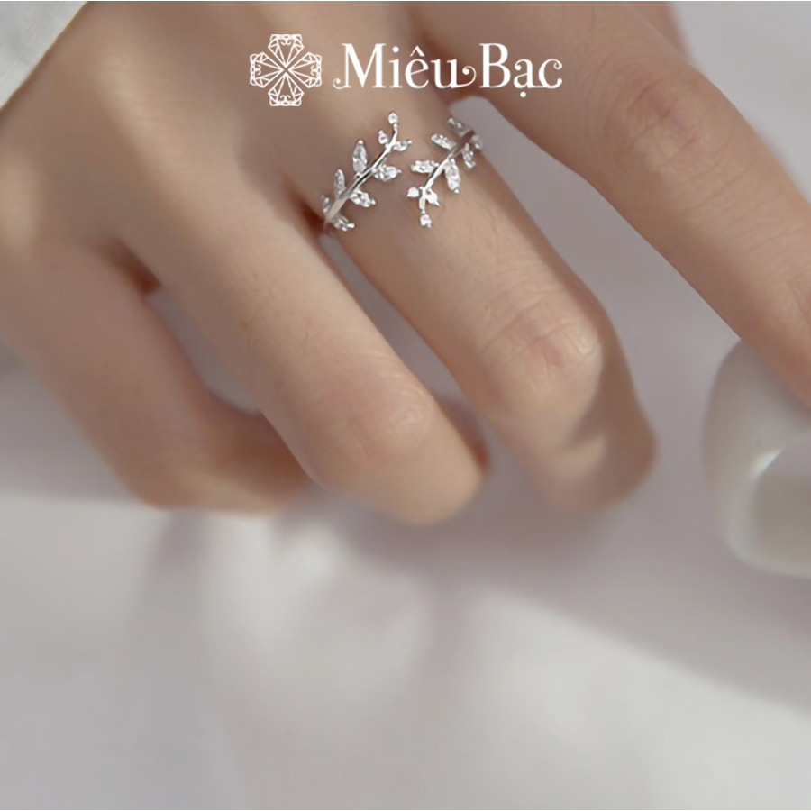 Nhẫn bạc nữ Miêu Bạc dương xỉ đính đá bản hở dễ thương chất liệu s925 phụ kiện thời trang trang sức xinh MN03