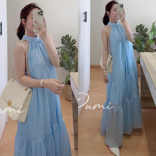 Đầm maxi xanh cổ yếm cột nơ lưng xoè tầng có lớp lót trong chất voan cát freesize Pumi 14300