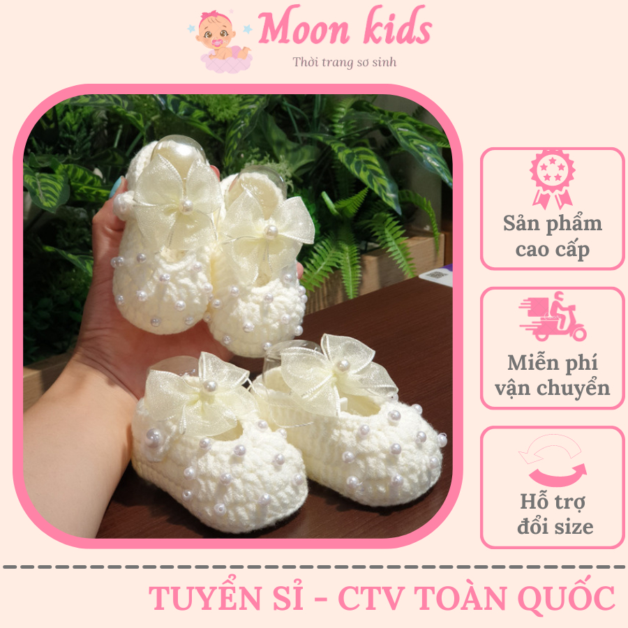 Giầy Handmade Cho Bé Gái Sơ Sinh, Giầy Bé Gái, Giầy Sơ Sinh Mềm, Thiết Kê Nơ Kem, Giầy Công Chúa Cho Bé Gái