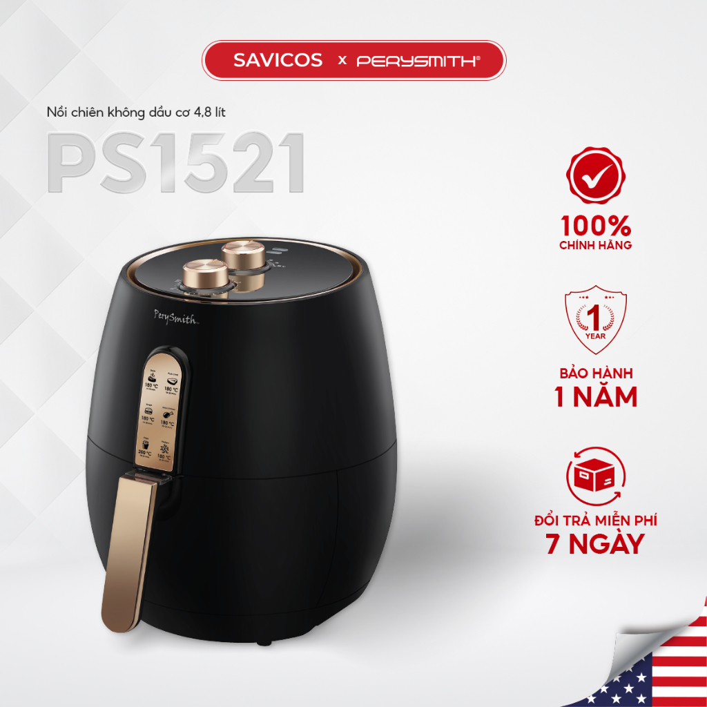 Nồi chiên không dầu cơ 4,8 lít Perysmith PS1521 Black, bảo hành 2 năm