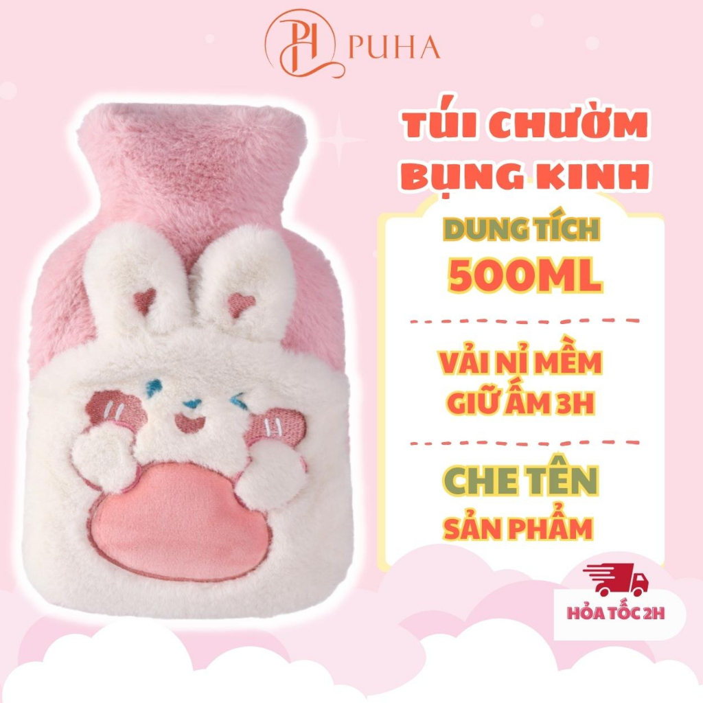 Túi chườm nóng lạnh đa năng Puha 500ml họa tiết thỏ bunny dễ thương quà tặng bạn gái