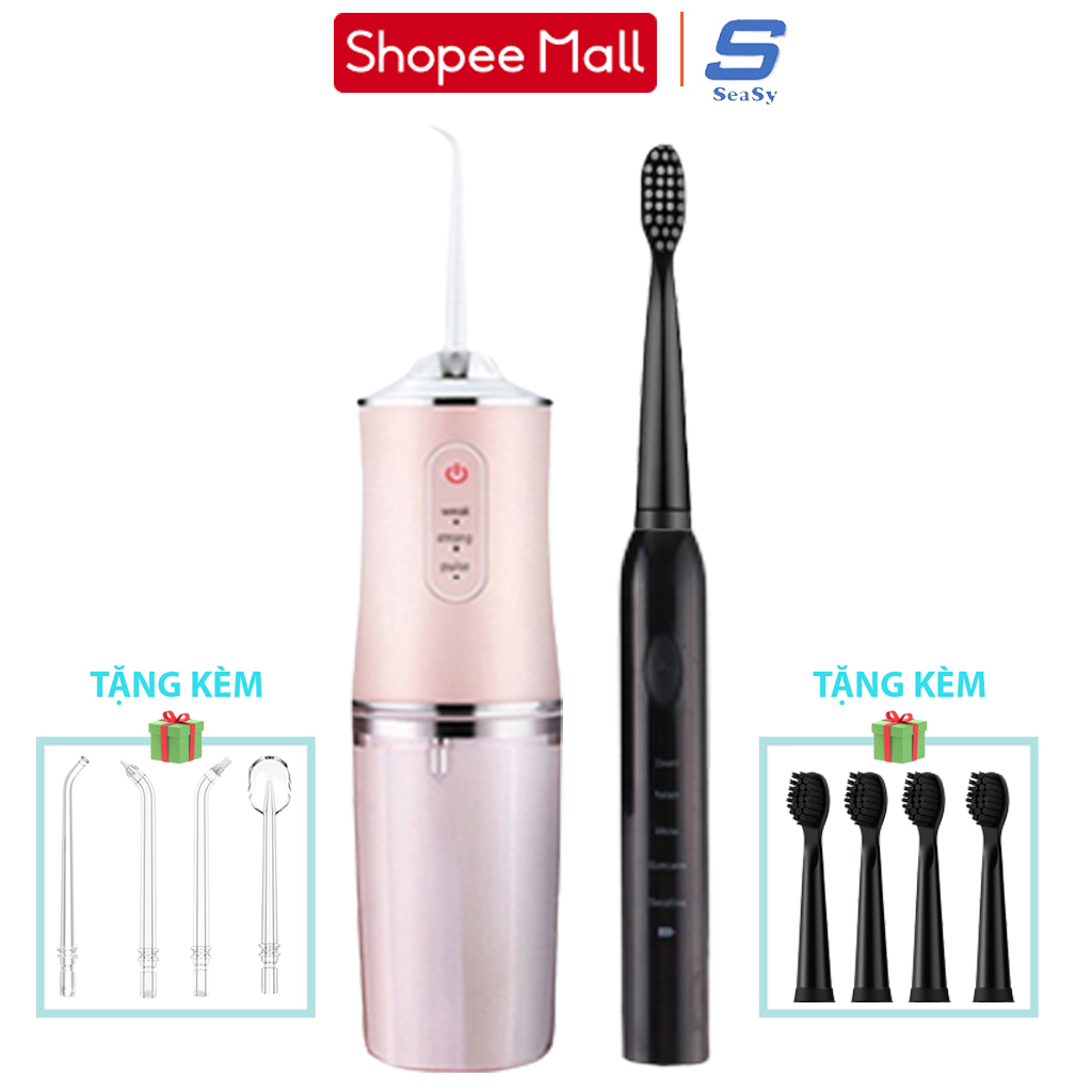 Combo Máy tăm nước du lịch SeaSy SS66 + Bàn chải đánh răng điện SeaSy X8 Pro vệ sinh răng miệng