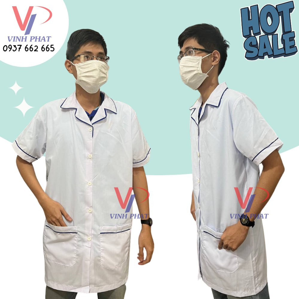 Áo blouse dược sĩ, y tá điều dưỡng, hộ sinh phối viền xanh tay ngắn đẹp, đúng chuẩn hiện đại - Vĩnh Phát