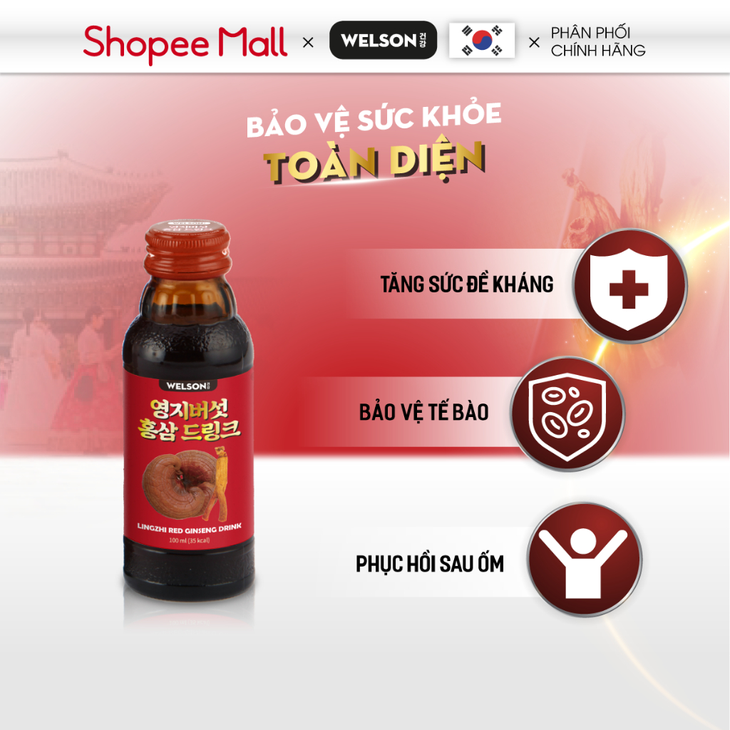 Combo 2 hộp nước uống Hồng Sâm và Linh Chi Hàn Quốc Tăng Sức Đề Kháng Welson Lingzhi Red Ginseng 2 x 10 chai x 100ml