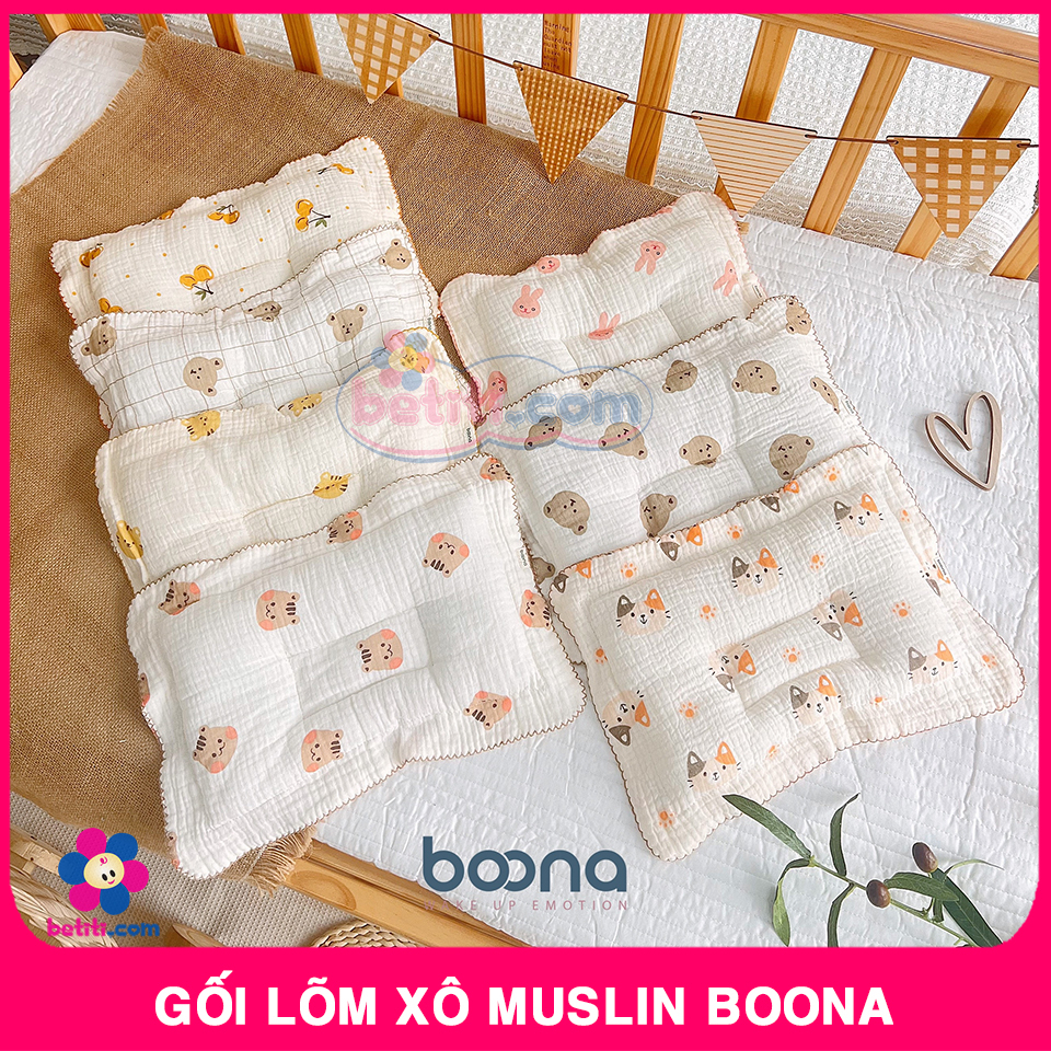 Gối Xô Lõm Cho Bé, Chống Méo Đầu, Gối Sơ Sinh Chất Vải Xô Muslin Mềm Mại, Thấm Hút Mồ Hôi Boona