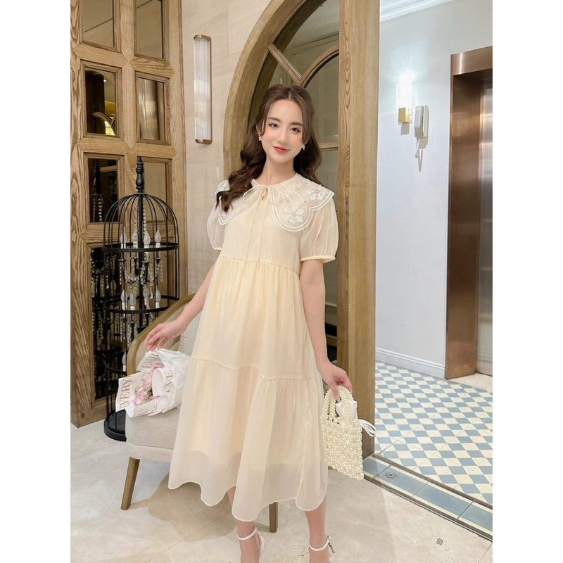 Váy bầu, đầm bầu thiết kế chất tơ óng 2 lớp đẹp, họa tiết ren đính đá sang chảnh nhẹ nhàng- VH83