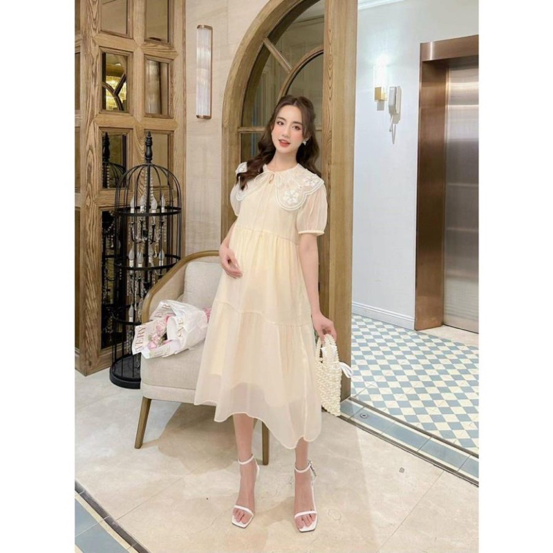 Váy bầu, đầm bầu thiết kế chất tơ óng 2 lớp đẹp, họa tiết ren đính đá sang chảnh nhẹ nhàng- VH83