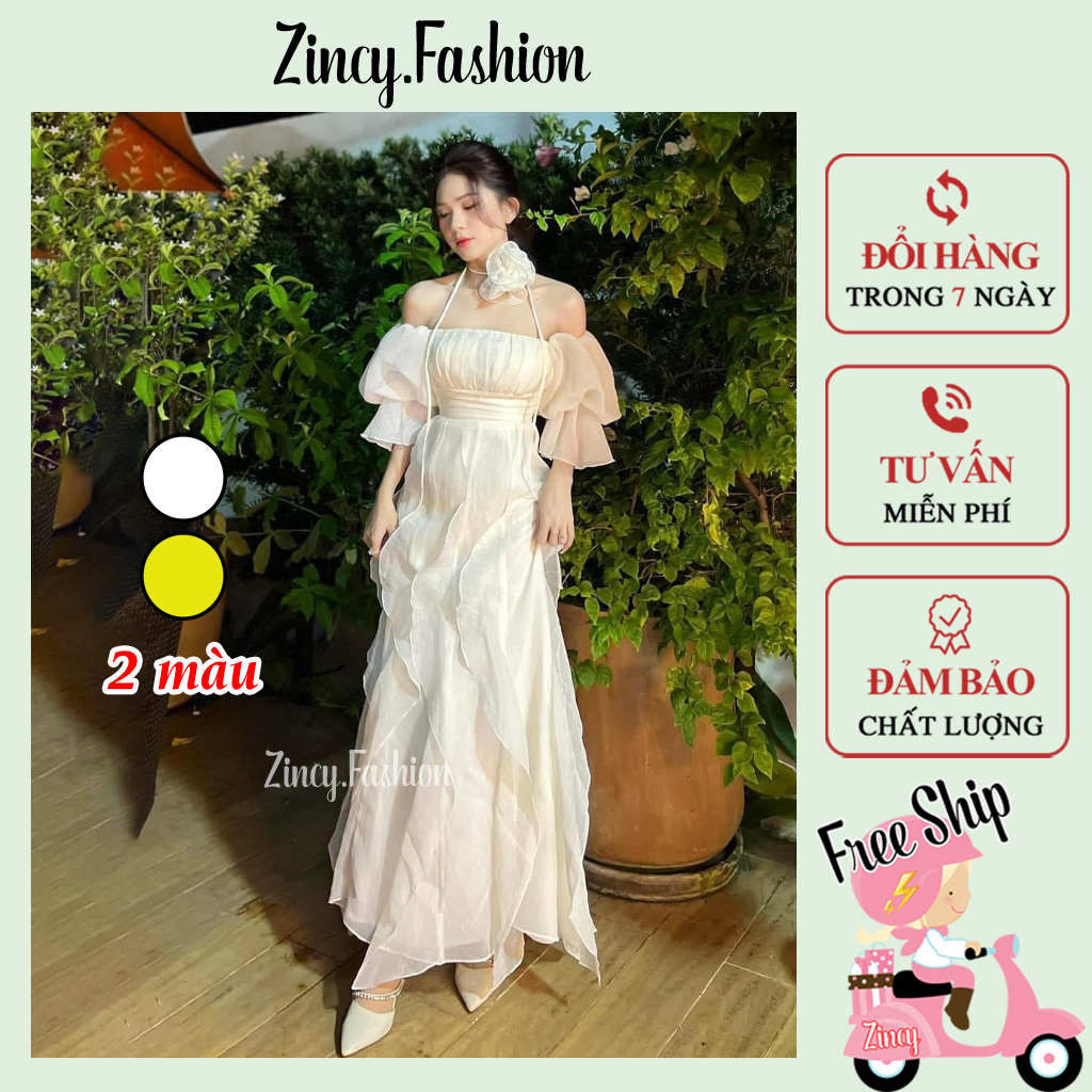 Đầm dự tiệc dáng dài choker hoa cổ tua rua có mút ngực, váy trễ vai nữ sang chảnh Zincy TVCKER001