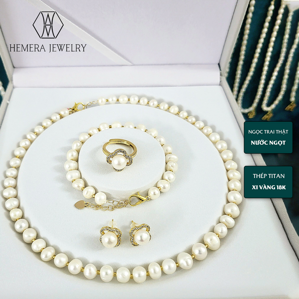 Bộ trang sức Hemera dây chuyền - vòng tay - bông tai - nhẫn hạt trai nuôi nước ngọt thật HMR60