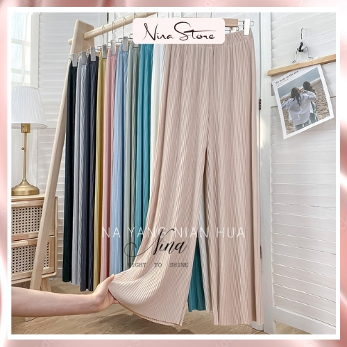 Quần suông nữ NinaStore dáng dài ống rộng cạp cao chất thun tăm dập ly Hàn Quốc freesize co giãn nhẹ mặc hè thoáng mát