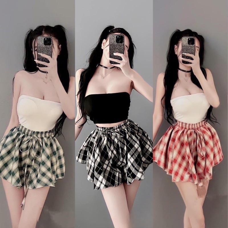 Set Quần Short kẻ caro sọc mix áo quây có cúp ngực chun bo lưng đỉnh của chóp