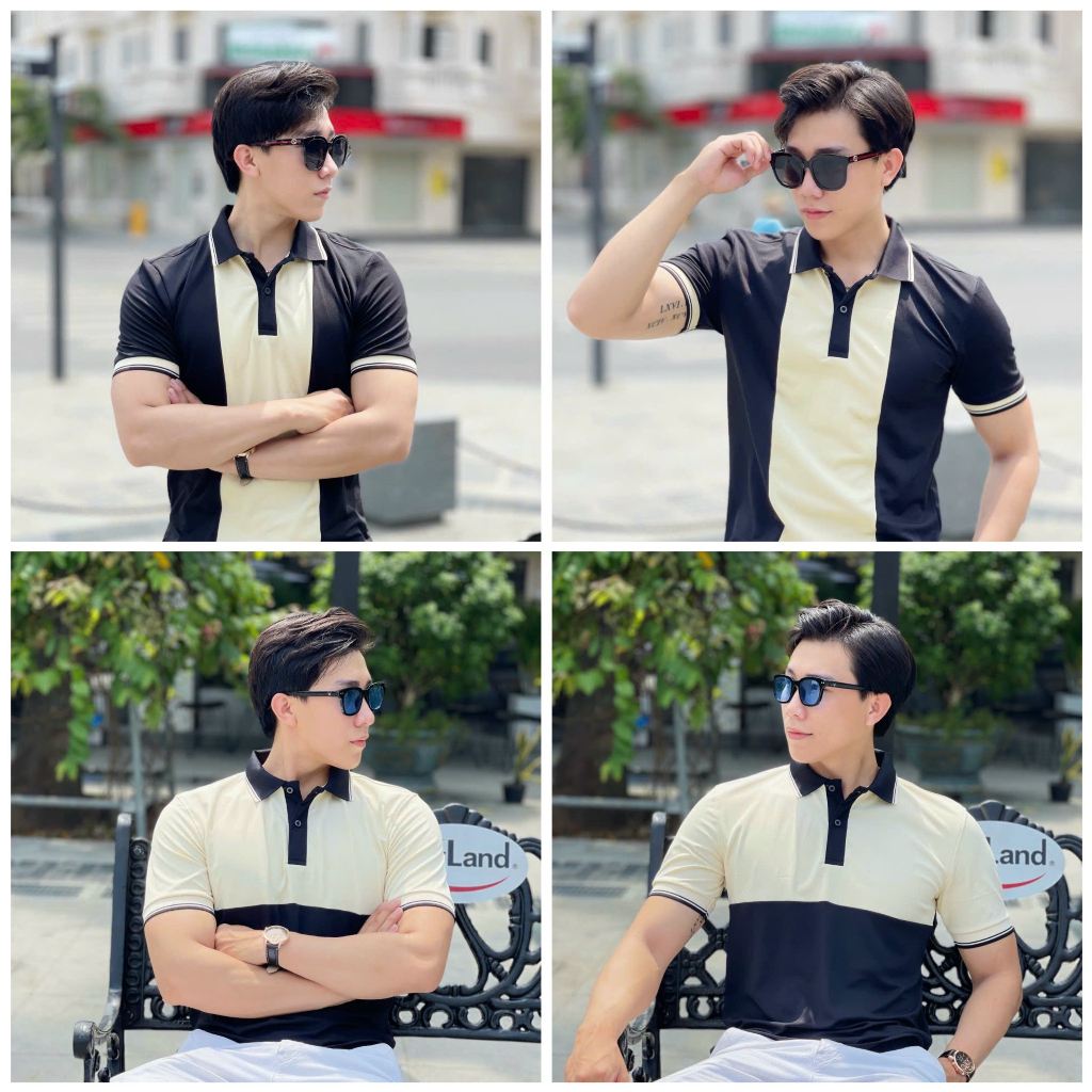Áo thun polo nam cao cấp tay ngắn phối, áo màu be phối tay cổ viền, vải poly da cá sấu nam tính lịch lãm