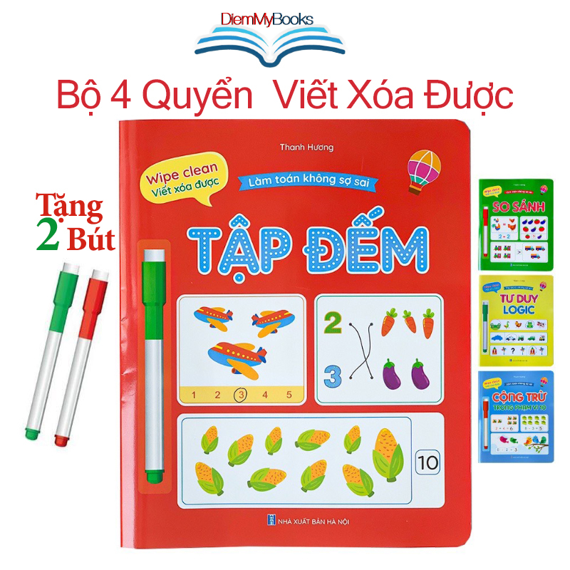 Sách- Bộ 4 Quyển Làm Toán Không Sợ Sai Wipe Clean Viết Xóa Được Tặng Kèm 2 Bút Dành Cho Bé Từ 3-5 Tuổi