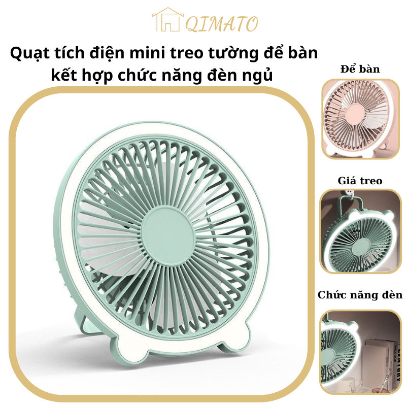 Quạt tích điện mini treo tường cầm tay kết hợp chức năng đèn ngủ đèn học tiện dụng Qimato