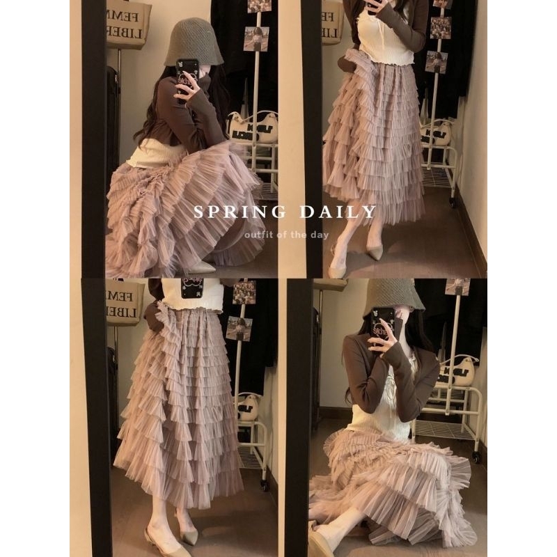 (Sẵn be) Chân váy chiffon xòe dáng dài xếp ly nhiều tầng điệu đà