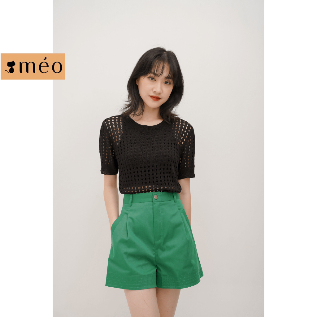 Áo kiểu nữ Méo shop dệt kim lưới dáng ngắn cổ tròn cộc tay Lila