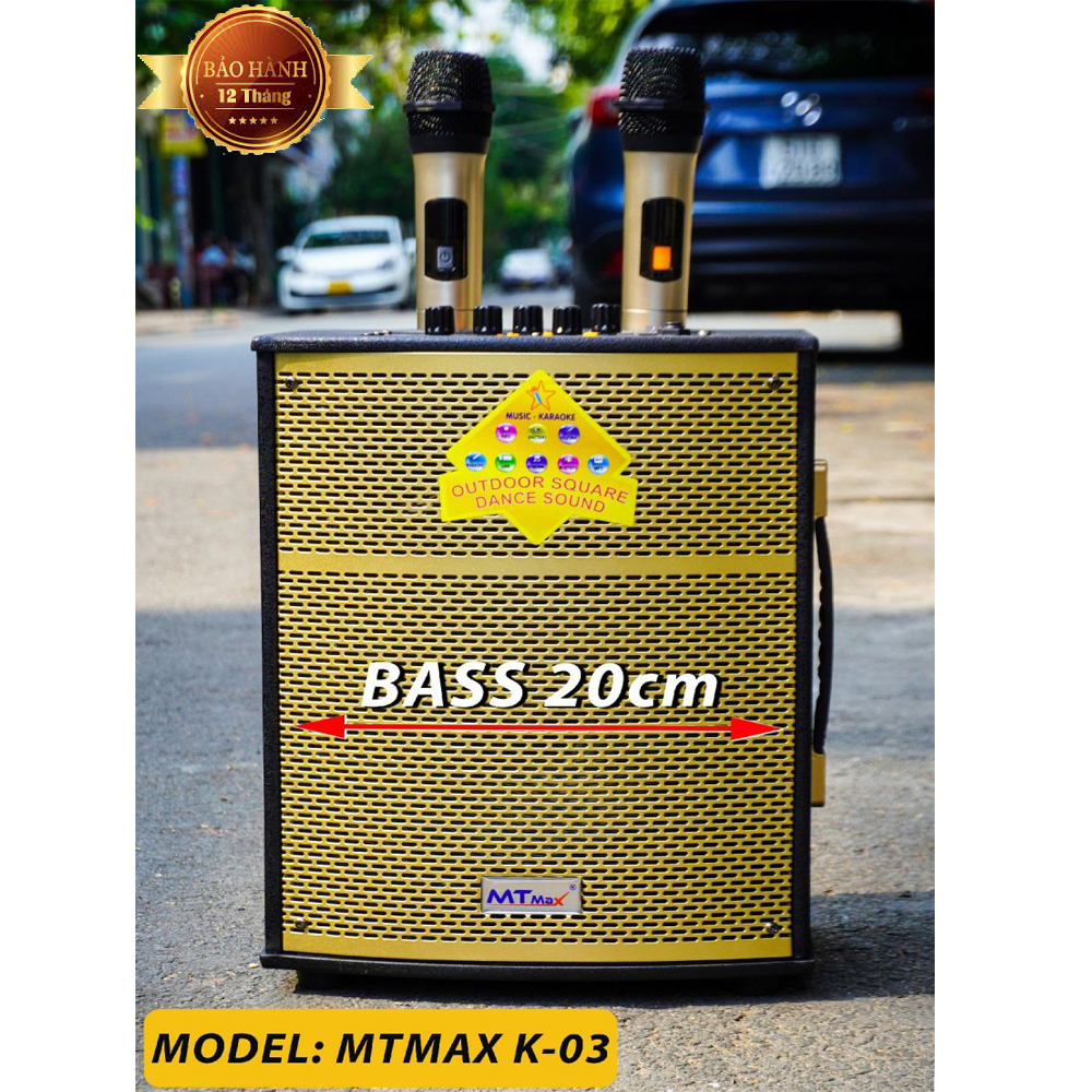 Loa Kéo Karaoke MTMax K03, Loa Hát Karaoke Gia Đình Bass 2 Tấc, Tặng 2 Micro Không Dây Hát Karaoke, 