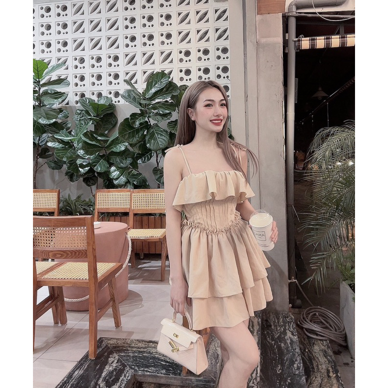 Đầm xòe 2 dây đầm xếp ly eo bèo ngực phong cách tiểu thư sang chảnh siêu hot 3 màu đen trắng kem - Trinh Boutique