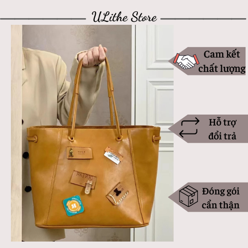 Túi xách tote nữ đeo vai cầm tay màu nâu trendy size lớn đựng vừa A4 trang trí sticker đáng yêu dễ thương phong cách hàn