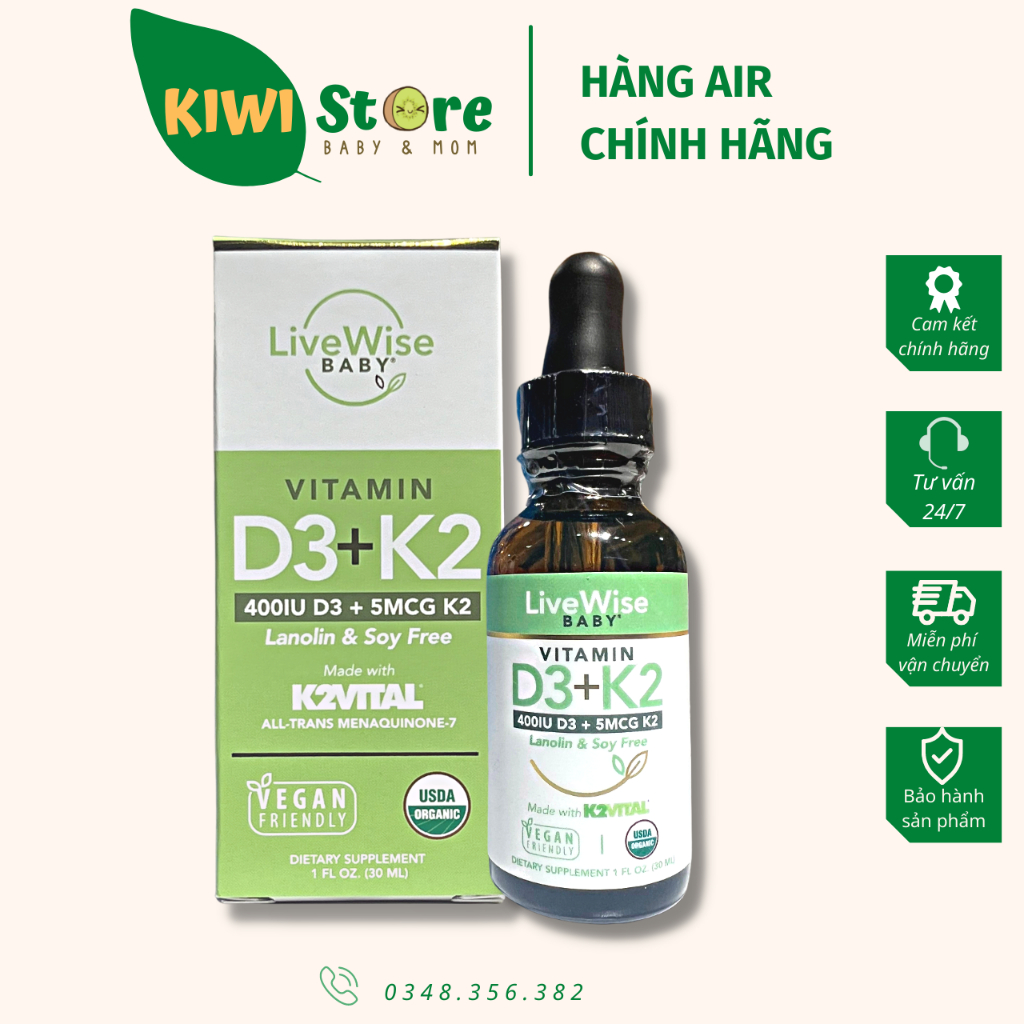 Vitamin D3 + K2 Thuần Chay LIVEWISE BABY - Mỹ - Hôp 30 ml