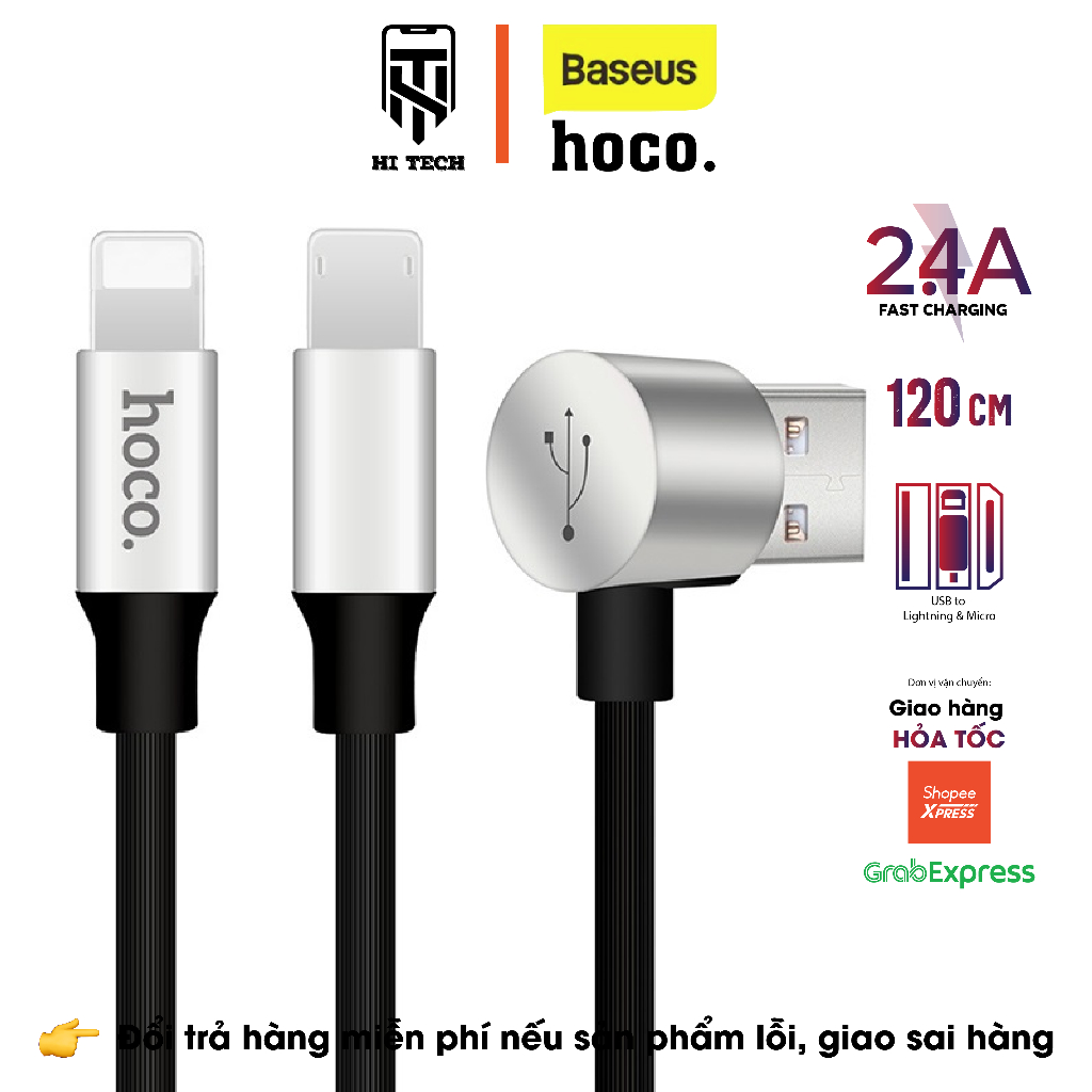 Dây sạc nhanh 2 trong 1 HOCO U18 đầu chữ L, sạc nhanh 2.4A truyền dữ liệu từ USB sang Micro USB / Nightling dây dài 1m2.