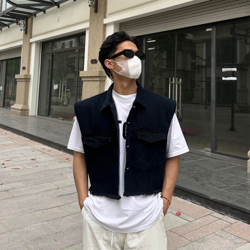 Áo gile jean lửng 2 màu đen, nêu, áo jean khoác magang