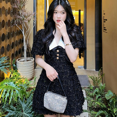TINGOAN® - Váy tweed kẻ ô lông kim tuyến đen liền cổ V đính cúc kim loại ASK ME OUT ON A DATE DRESS/BL