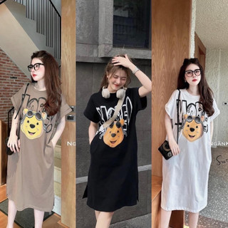 Đầm suông chất cotton cổ tròn in chữ more freesize dáng dài - Đầm ngủ thun co dãn from rộng hình chú gấu đeo kính