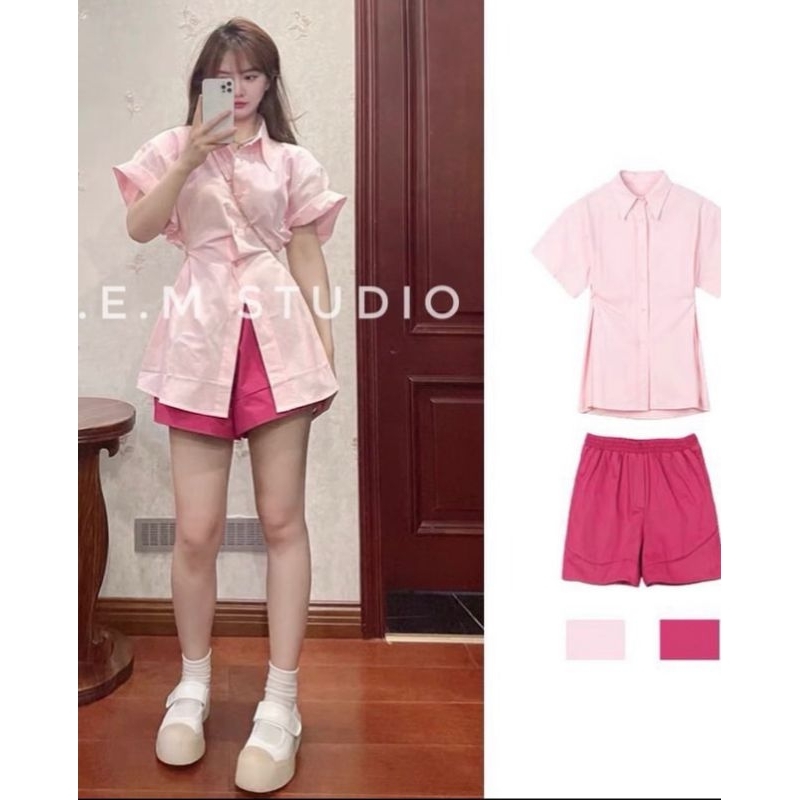 Set áo sơ mi cách điệu cúc bấm cài eo kèm quần short cạp chun bảng màu ulzzang Hàn Quốc - Ảnh thật Yena Closet 0088