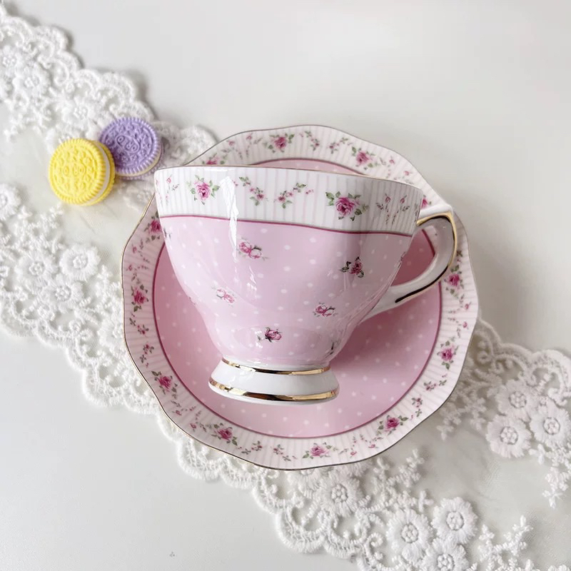 Set tách trà gốm đoá hồng pastel viền vàng kim
