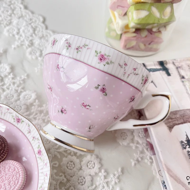 Set tách trà gốm đoá hồng pastel viền vàng kim