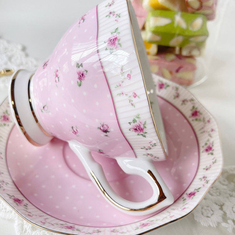 Set tách trà gốm đoá hồng pastel viền vàng kim