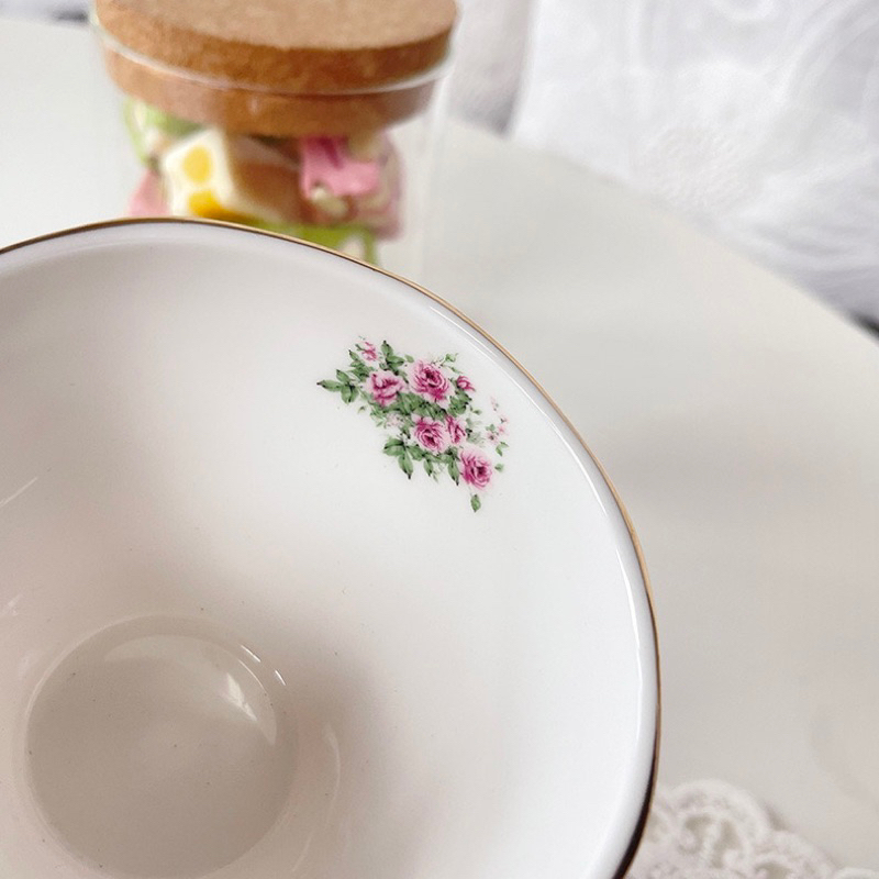 Set tách trà gốm đoá hồng pastel viền vàng kim