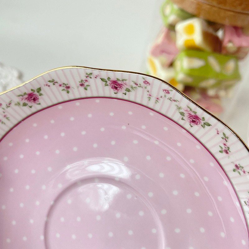 Set tách trà gốm đoá hồng pastel viền vàng kim