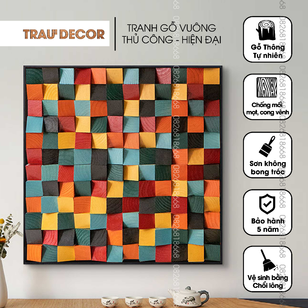 Tranh treo tường gỗ vuông nghệ thuật thủ công 3D màu đa sắc