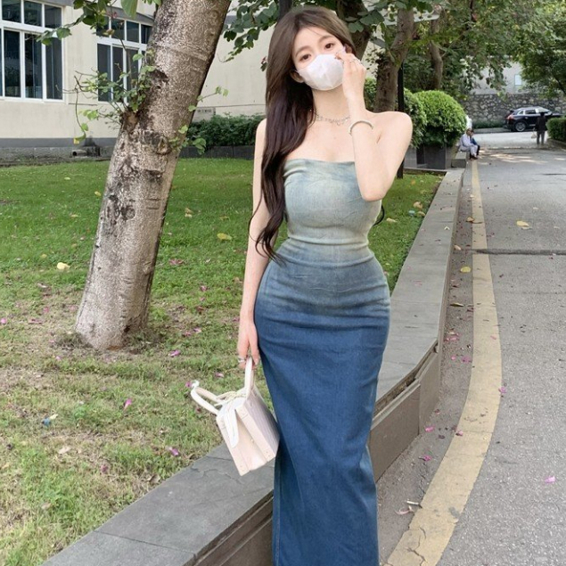 Đầm Jeans Dài Xanh Loang Xẻ Sang Trọng,Đầm Quây Dài Họa Tiết Loang Hot Trend Y2K Ulzzang