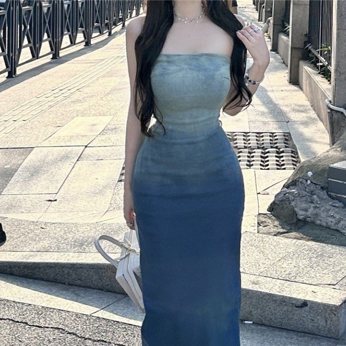 Đầm Jeans Dài Xanh Loang Xẻ Sang Trọng,Đầm Quây Dài Họa Tiết Loang Hot Trend Y2K Ulzzang