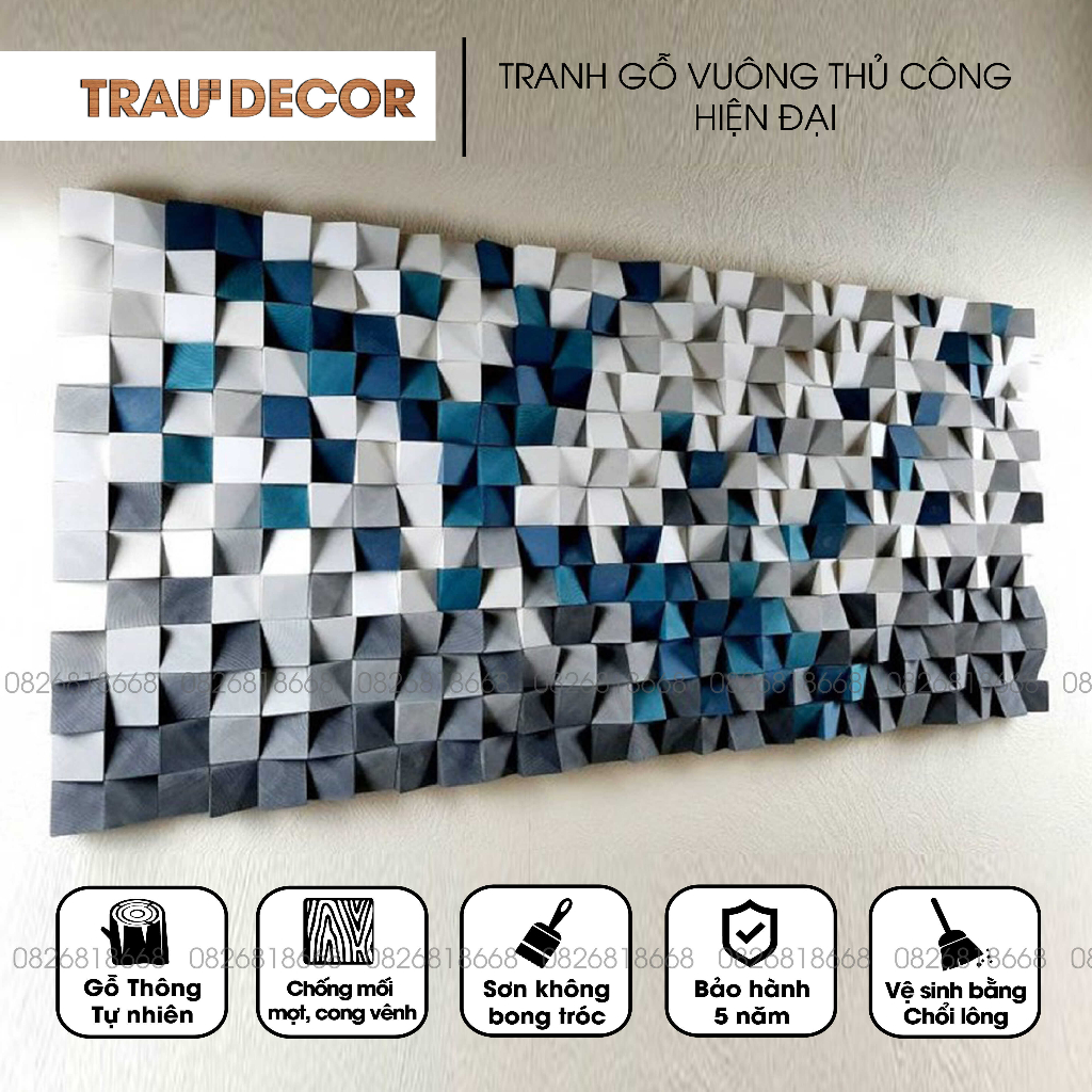 Tranh Gỗ thủ công 3D mosaic màu xanh ghi xám