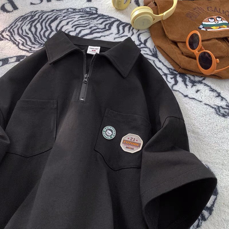 Áo polo gắn tag Unisex - myndi_clothes - Áo có cổ có khóa kéo chất vải cotton 4 chiều năng động mặc đi học, đi làm